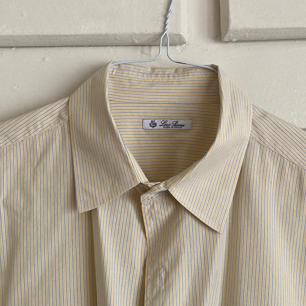 Loro Piana 100% Cotton Pale Yellow and Blue Striped Dress Shirt Made in Italy